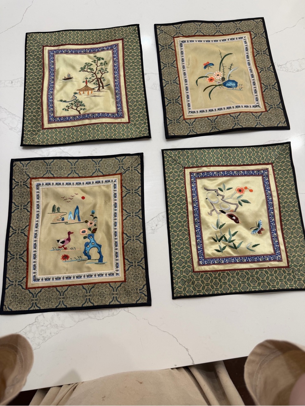 Set of 4 Vintage Decorative Silk Embroidered Wall Panels